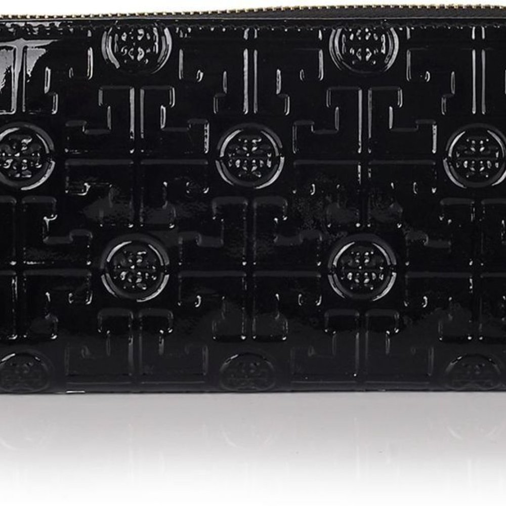 Tory Burch black patent leather logo zip wallet